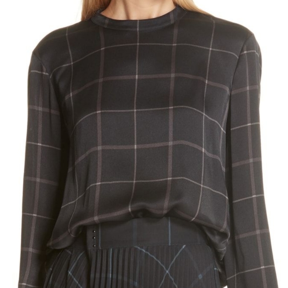 Vince Tops - VINCE. 100% Silk plaid tie back blouse, long sleeved, black, size S back slit